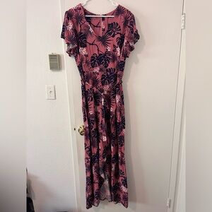 ModCloth‎ x Collectif Maxi Dress 14 Pink Thelma Tropicool V- Neck Tie Waist